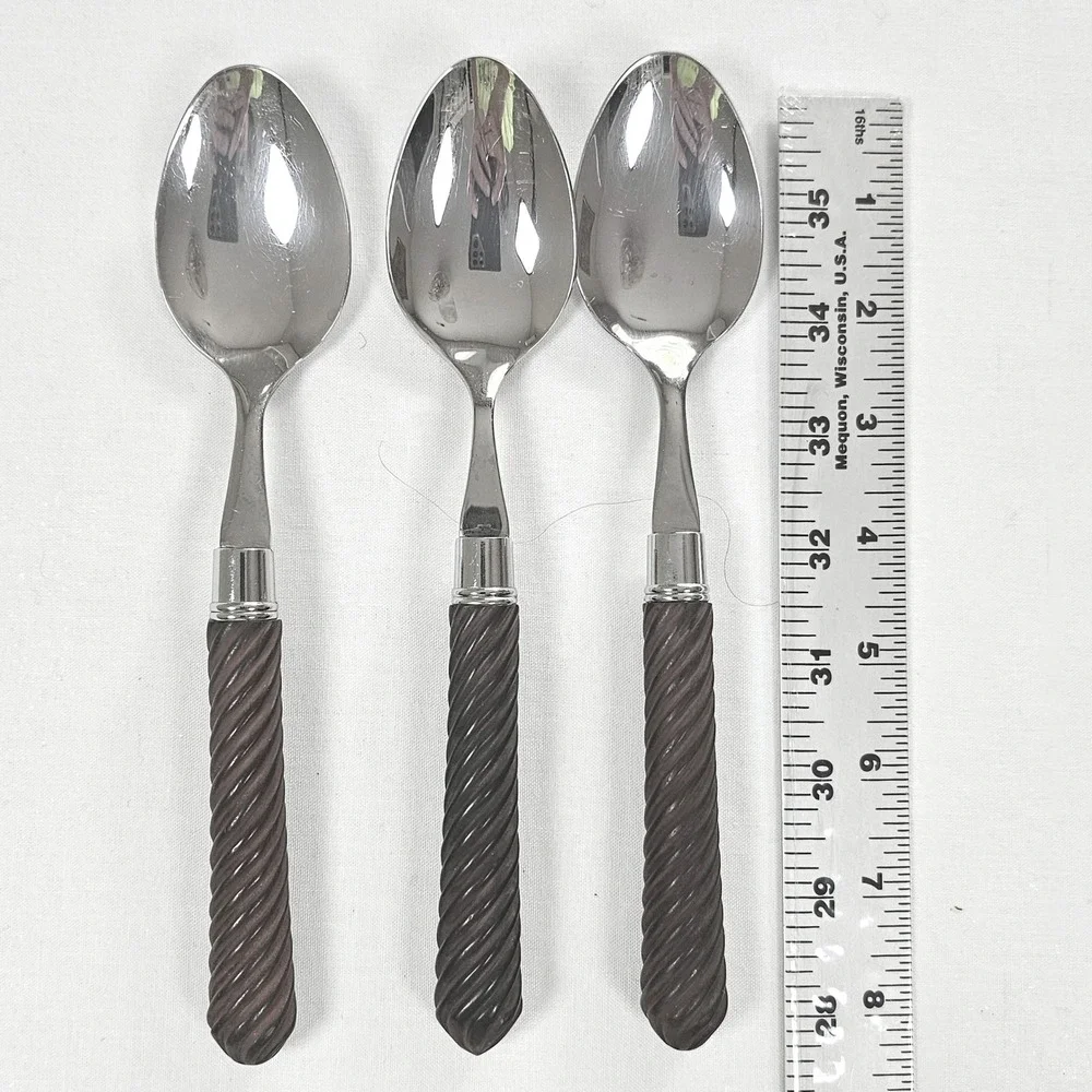Set of 3 Stainless Steel Tablespoons Brown Spiral Twist Textured Handle 8 Inch